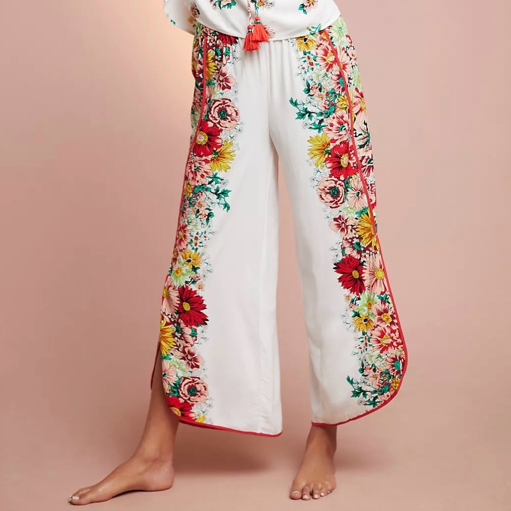 Anthropologie White Floral Wide-Leg Pants